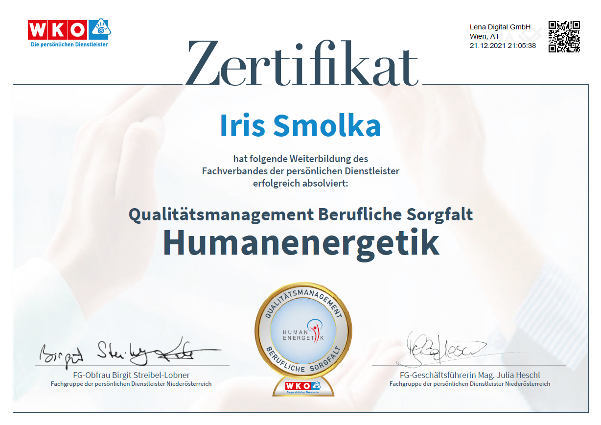 Ein Zertifikat von der Wirtschaftskammer Österreich über Qualitätsmanagement Berufliche Sorgfalt.